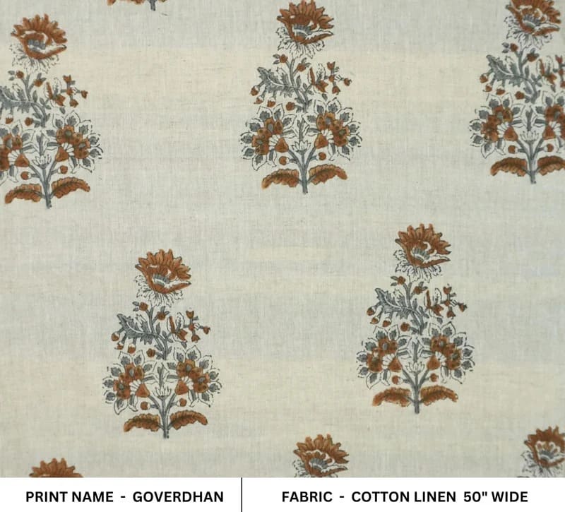 Block Print Handmade Floral Linen Fabric For Curtain – Goverdhan