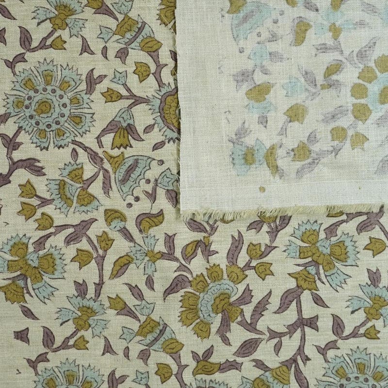 Block Print Handmade Floral Linen Fabric for Cushions- Pushplata