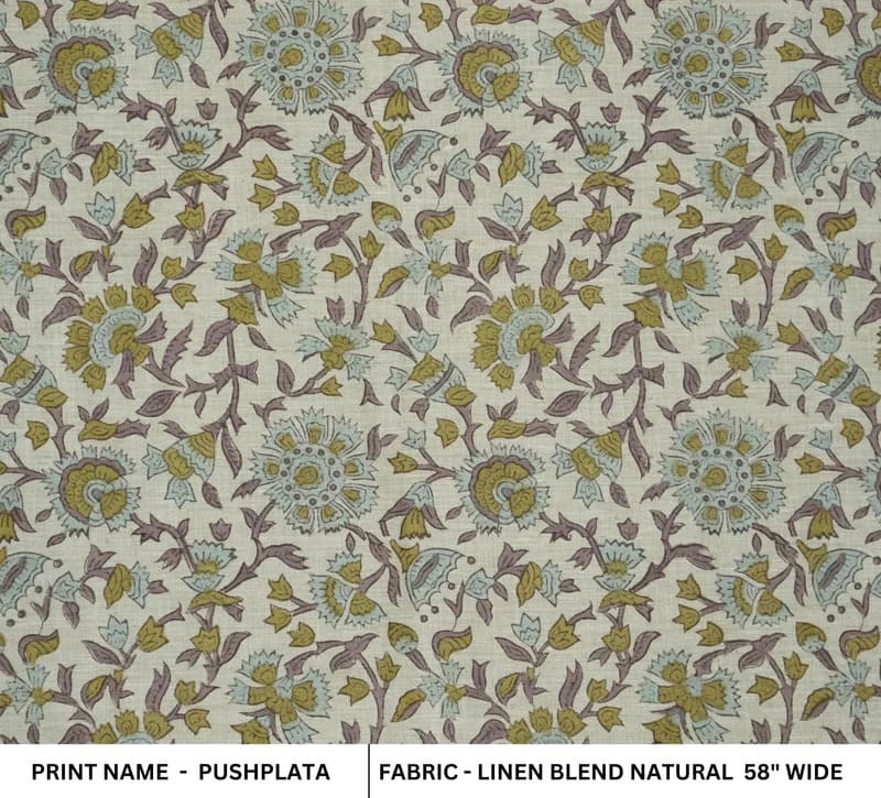 Block Print Handmade Floral Linen Fabric for Cushions- Pushplata