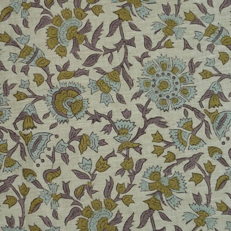 Block Print Handmade Floral Linen Fabric for Cushions- Pushplata