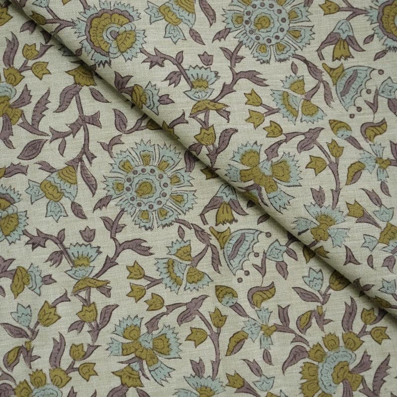 Block Print Handmade Floral Linen Fabric for Cushions- Pushplata