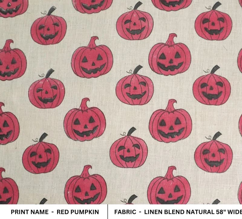 Block Print Linen  Blend Fabric for Cushions Curtains - Red Pumpkin