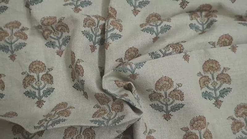 Block Print Linen Fabric for Pillows Brown Blue – Traffic Light