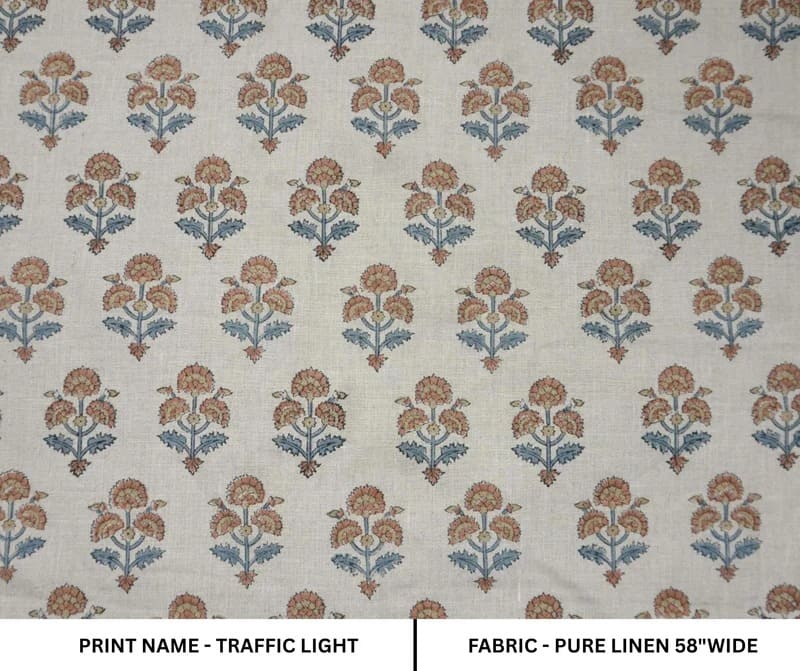 Block Print Linen Fabric for Pillows Brown Blue – Traffic Light