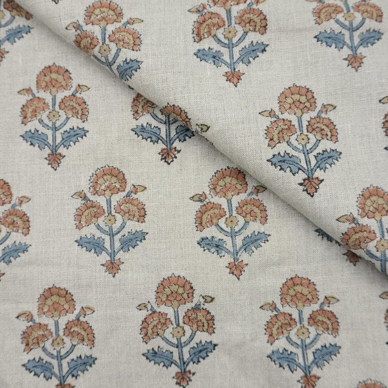 Block Print Linen Fabric for Pillows Brown Blue – Traffic Light