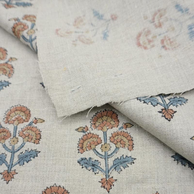 Block Print Linen Fabric for Pillows Brown Blue – Traffic Light