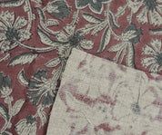 Block Print Maroon Gray Floral Linen Fabric for Cushions - Jarul