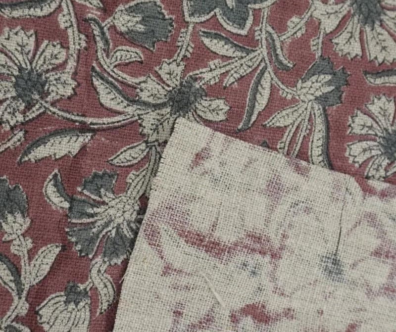 Block Print Maroon Gray Floral Linen Fabric for Cushions - Jarul