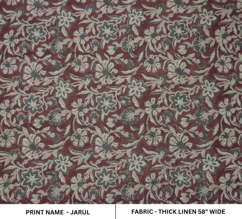 Block Print Maroon Gray Floral Linen Fabric for Cushions - Jarul