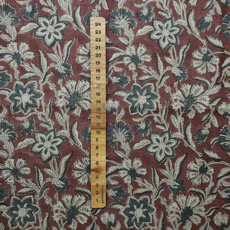 Block Print Maroon Gray Floral Linen Fabric for Cushions - Jarul