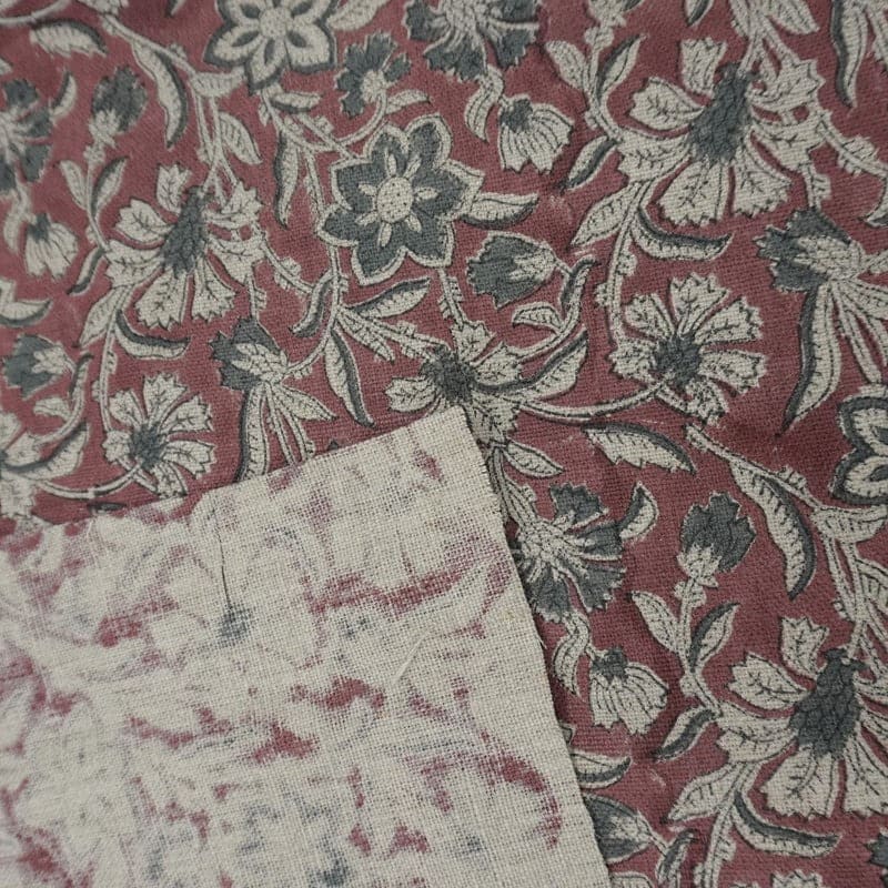 Block Print Maroon Gray Floral Linen Fabric for Cushions - Jarul