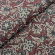 Block Print Maroon Gray Floral Linen Fabric for Cushions - Jarul