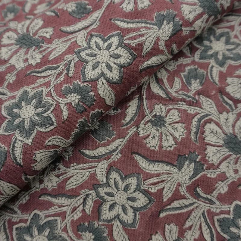 Block Print Maroon Gray Floral Linen Fabric for Cushions - Jarul