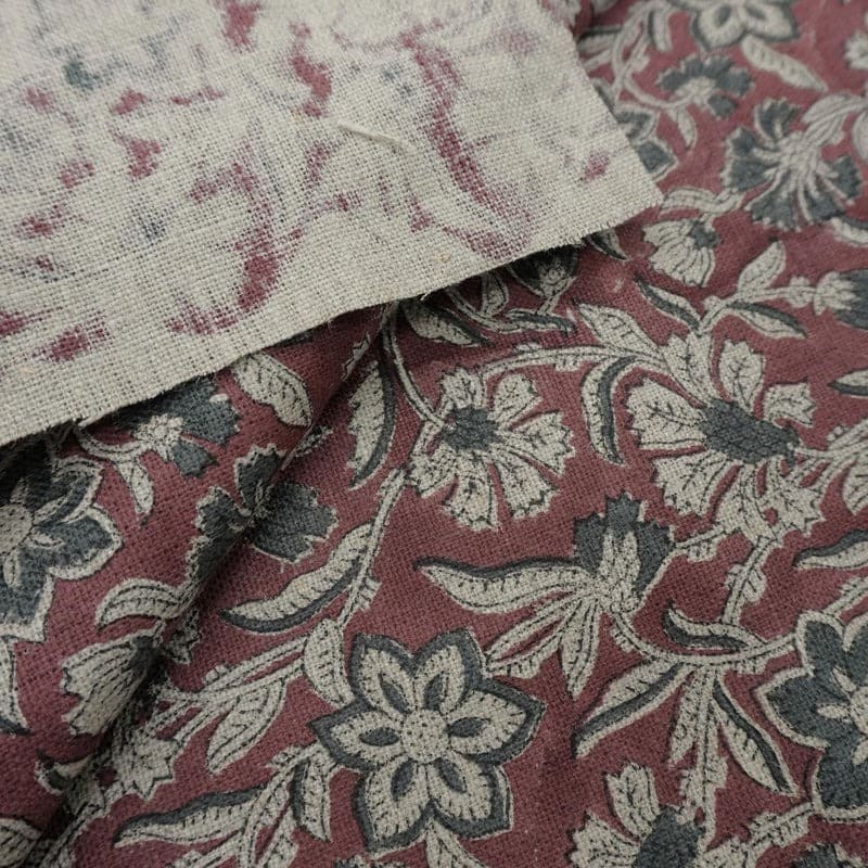 Block Print Maroon Gray Floral Linen Fabric for Cushions - Jarul