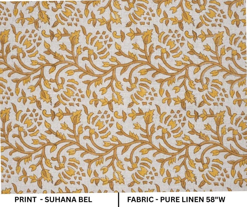 Block Print Mustard Bronze Floral Linen Fabric - Suhana Bel