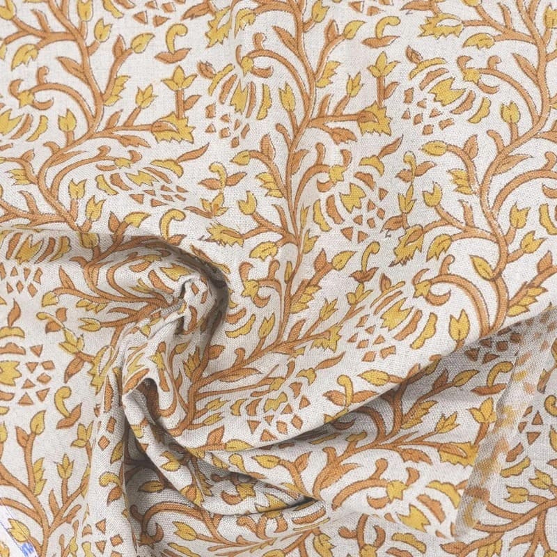 Block Print Mustard Bronze Floral Linen Fabric - Suhana Bel