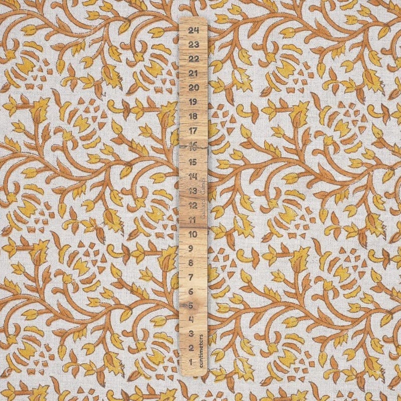 Block Print Mustard Bronze Floral Linen Fabric - Suhana Bel
