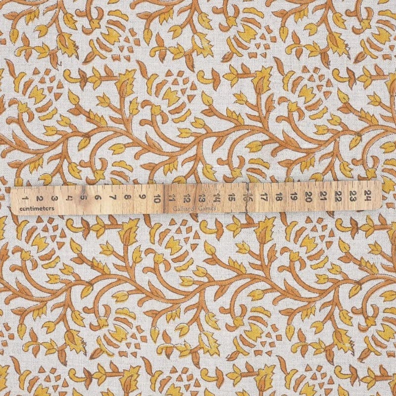Block Print Mustard Bronze Floral Linen Fabric - Suhana Bel