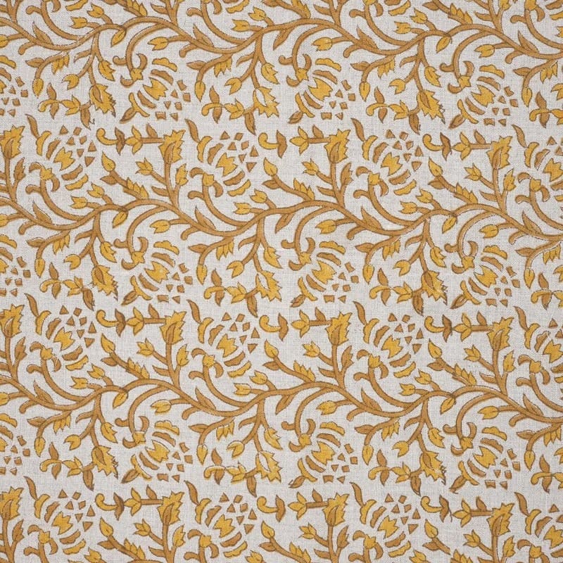 Block Print Mustard Bronze Floral Linen Fabric - Suhana Bel