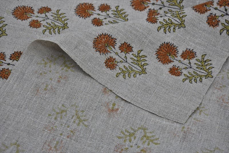 Block Print Orange Green Floral Linen Throw Cushion Fabric - Rishi