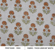 Block Print Orange Green Floral Linen Throw Cushion Fabric - Rishi