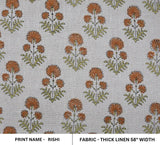 Block Print Orange Green Floral Linen Throw Cushion Fabric - Rishi