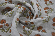 Block Print Orange Green Floral Linen Throw Cushion Fabric - Rishi
