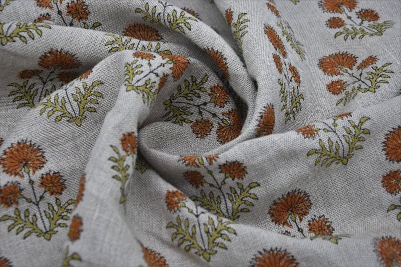 Block Print Orange Green Floral Linen Throw Cushion Fabric - Rishi