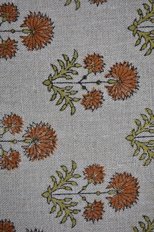 Block Print Orange Green Floral Linen Throw Cushion Fabric - Rishi