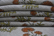 Block Print Orange Green Floral Linen Throw Cushion Fabric - Rishi