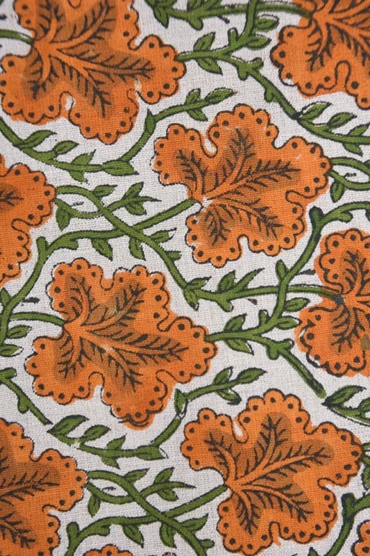 Premium Handwoven Block Print Orange Pure Linen Fabric - Pushp Samhita