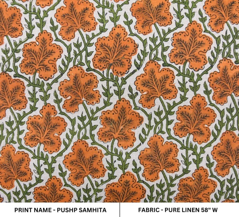 Premium Handwoven Block Print Orange Pure Linen Fabric - Pushp Samhita