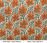 Premium Handwoven Block Print Orange Pure Linen Fabric - Pushp Samhita