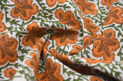 Premium Handwoven Block Print Orange Pure Linen Fabric - Pushp Samhita