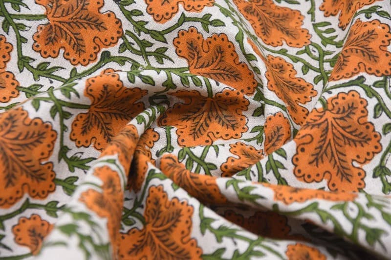 Premium Handwoven Block Print Orange Pure Linen Fabric - Pushp Samhita