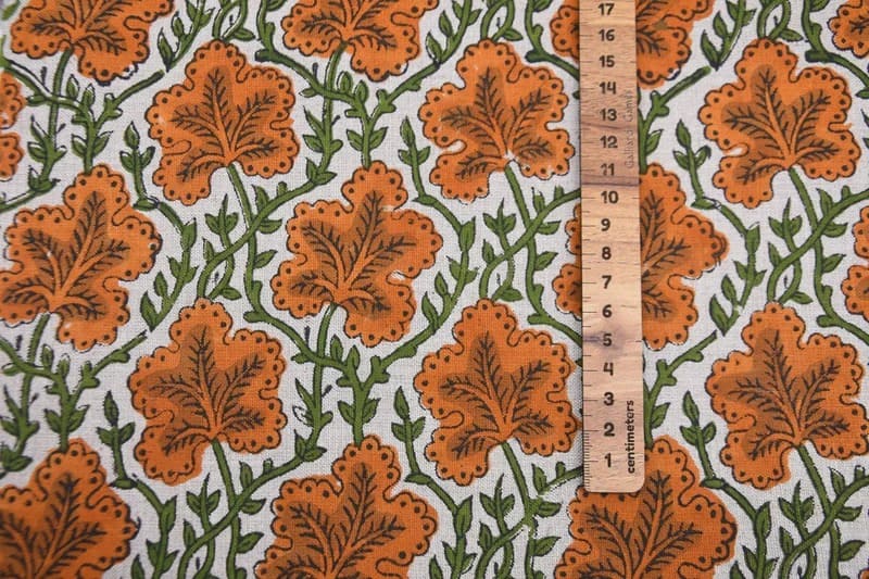 Premium Handwoven Block Print Orange Pure Linen Fabric - Pushp Samhita