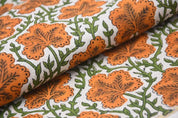 Premium Handwoven Block Print Orange Pure Linen Fabric - Pushp Samhita