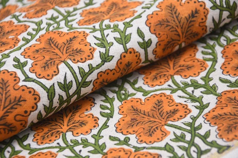 Premium Handwoven Block Print Orange Pure Linen Fabric - Pushp Samhita