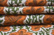 Premium Handwoven Block Print Orange Pure Linen Fabric - Pushp Samhita