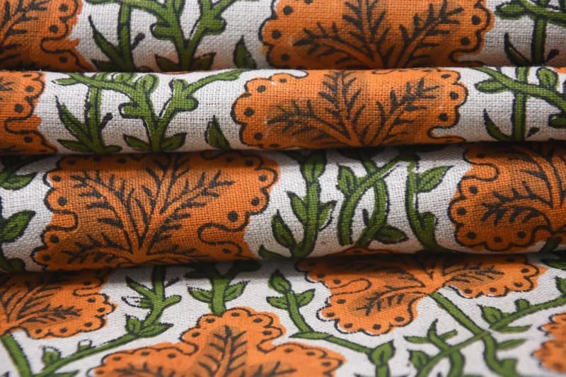 Premium Handwoven Block Print Orange Pure Linen Fabric - Pushp Samhita