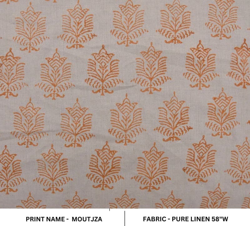 Block Print Orange Pure Linen Fabric-Moutjz