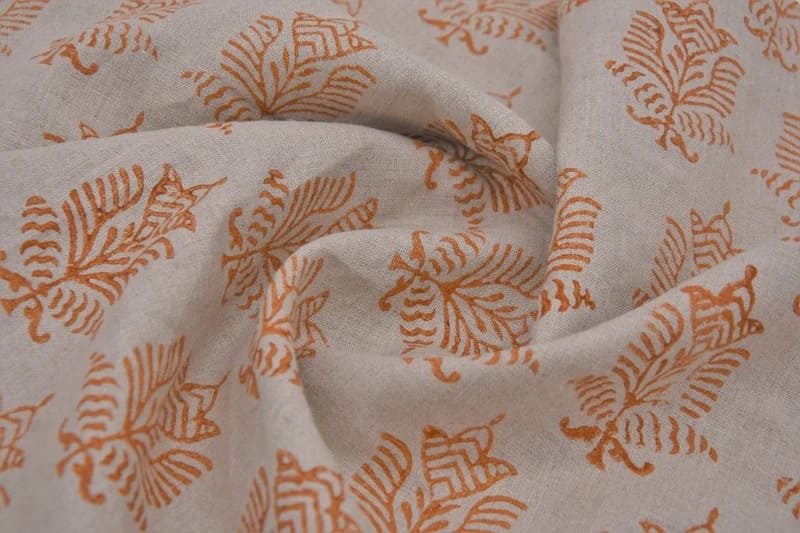 Block Print Orange Pure Linen Fabric-Moutjz