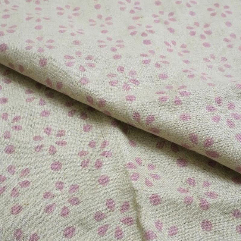 Block Print Pink Gray Floral Linen Fabric for Curtains - Rang Phool