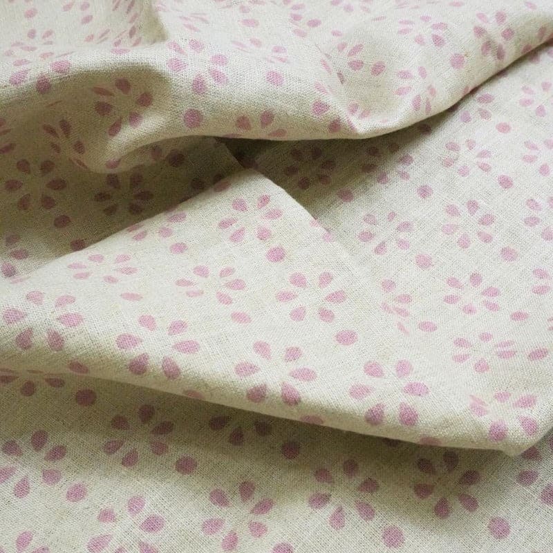 Block Print Pink Gray Floral Linen Fabric for Curtains - Rang Phool