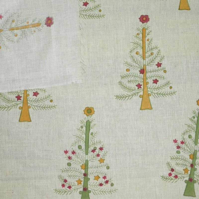 Block Print Pink Green Floral Linen Cushion Fabric - Christmas Tree