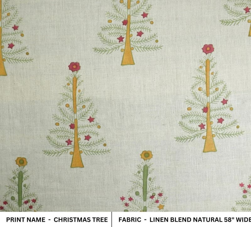 Block Print Pink Green Floral Linen Cushion Fabric - Christmas Tree