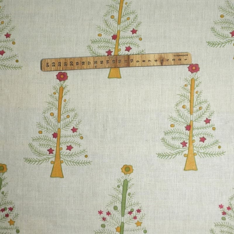 Block Print Pink Green Floral Linen Cushion Fabric - Christmas Tree