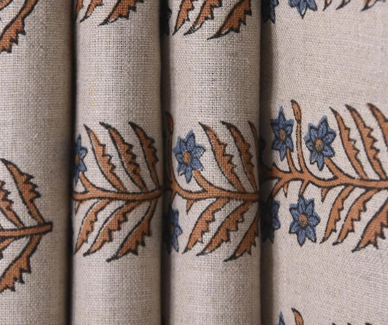 Block Print Upholstery Linen Fabric Gray Floral - Inderdhanush