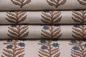 Block Print Upholstery Linen Fabric Gray Floral - Inderdhanush