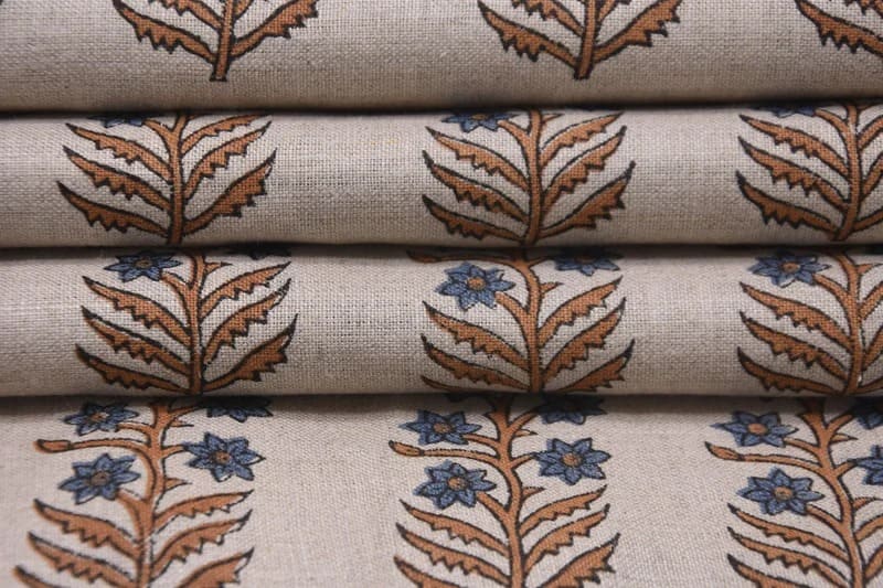 Block Print Upholstery Linen Fabric Gray Floral - Inderdhanush